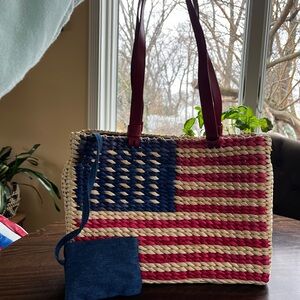 Woven American Flag Straw Tote Bag with Red Leather Straps
